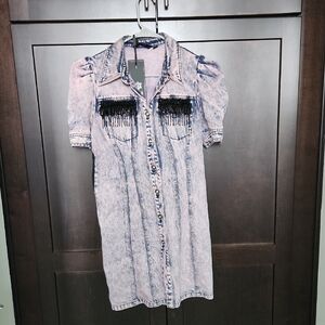 Stylish Denim Dress with Fringe Accents
